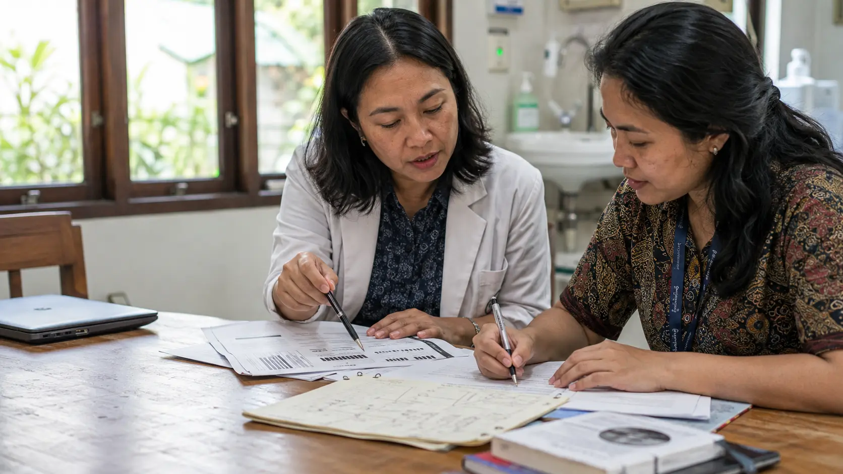 Two Indonesian clinical professionals examining a longitudinal record and handwritten notes