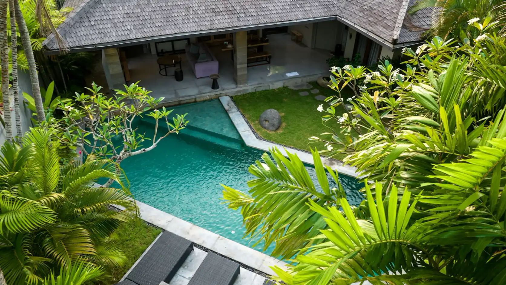Real aerial view of a villa in Seminyak, Bali