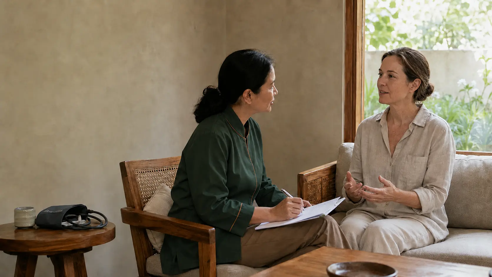 Indonesian physician listening to an international patient during a private longevity consultation in Bali