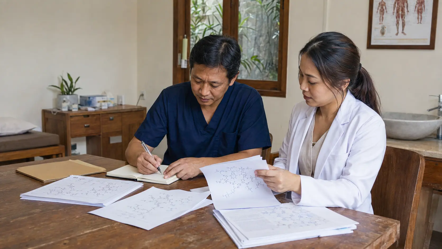 Indonesian physician and clinical researcher examining printed molecular pathways and source papers